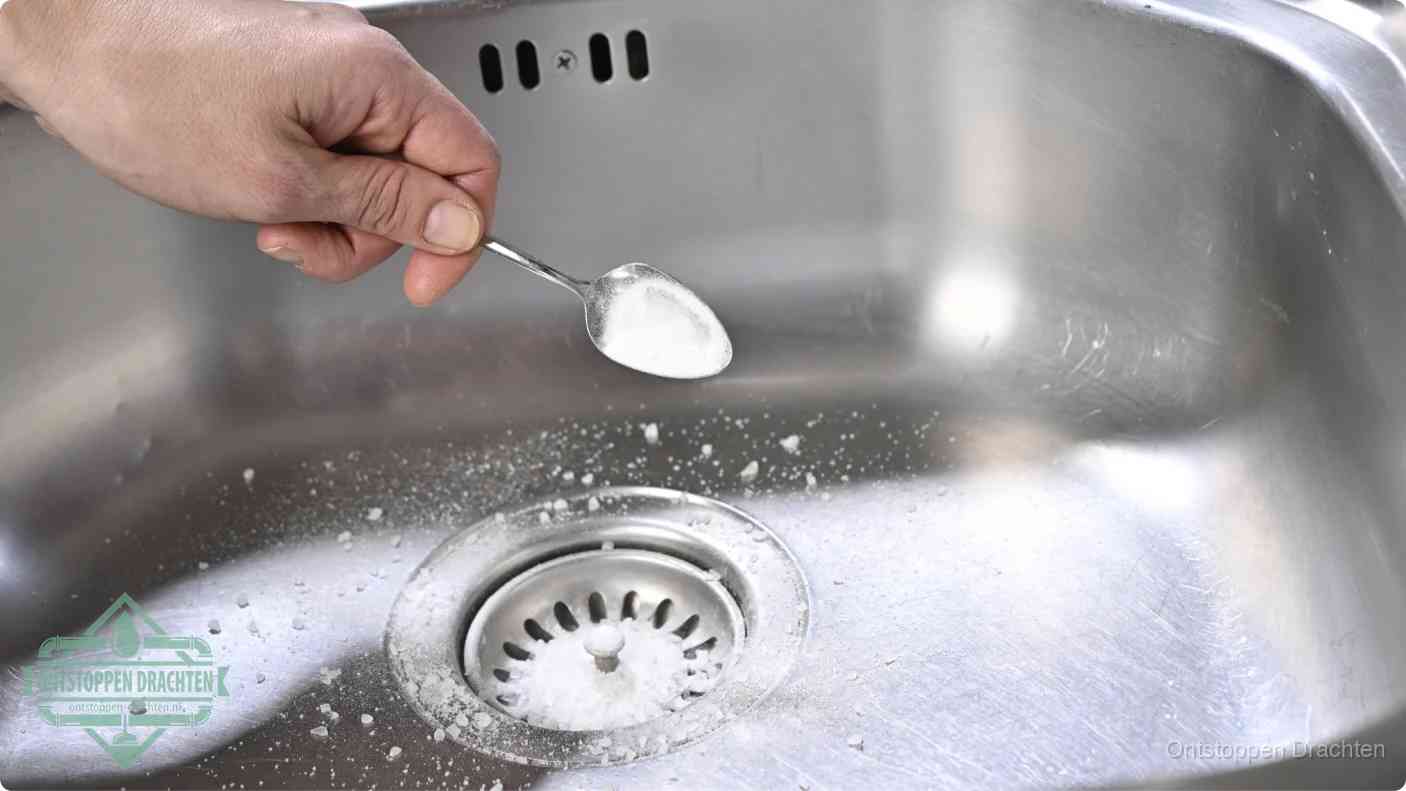 Een hand strooit met een lepel soda in de afvoer van een roestvrijstalen spoelbak, de soda en azijn huismiddel-methode om de afvoer te ontstoppen in Drachten