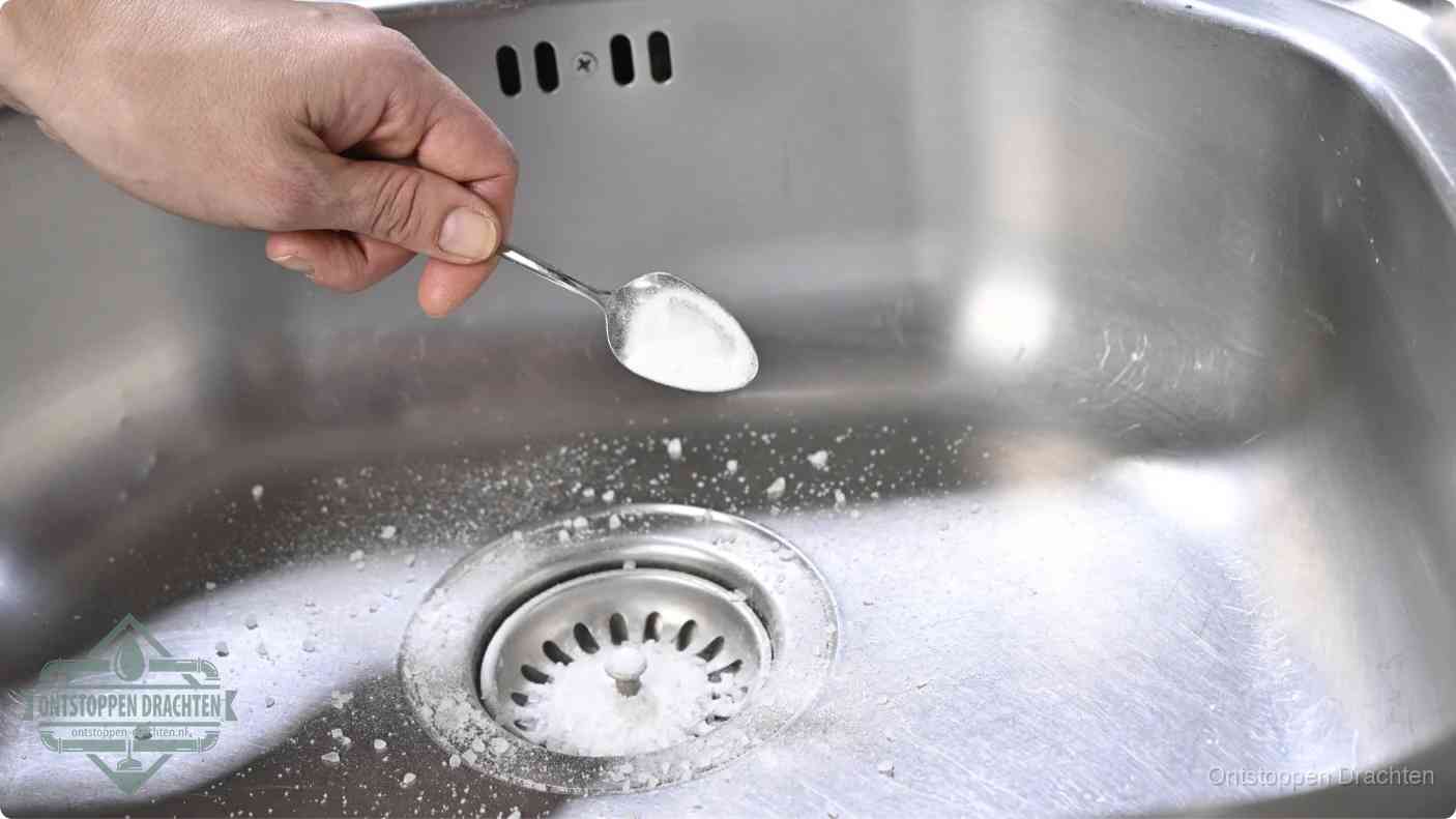 Een hand strooit met een lepel soda in een afvoerputje, de soda en azijn huismiddel-methode om de wc te ontstoppen in Drachten