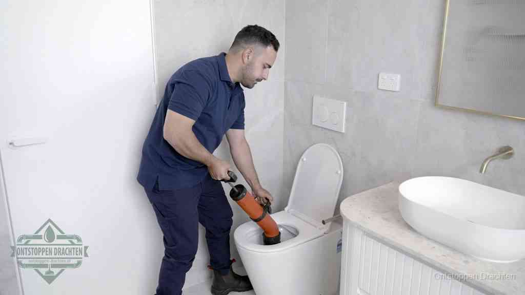 Een monteur gebruikt een handmatige perspomp (toiletontstopper) op een wandcloset tijdens het professioneel wc ontstoppen in Drachten