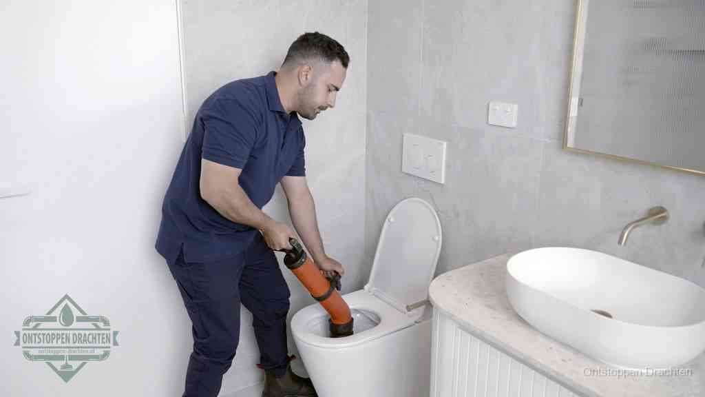 Een man gebruikt een handmatige luchtdruk-ontstopper in een modern betegeld toilet om zelf de wc te ontstoppen in Drachten